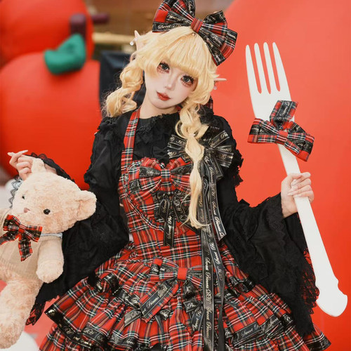 全款【摇滚kitty】红格子日常可爱新年打歌服狗短红黑连衣裙原创 - 图3