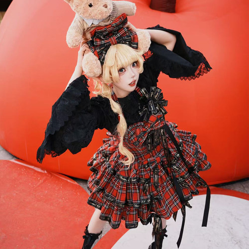 全款【摇滚kitty】红格子日常可爱新年打歌服狗短红黑连衣裙原创 - 图1