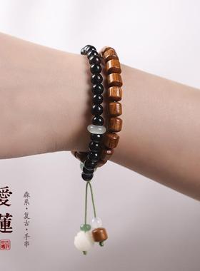 原创黑檀木混搭贡木桶珠创意双圈手串女文艺森系手上文玩莲花手链