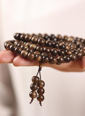 原创黑料加里曼丹沉香8/6mm念珠108颗多圈复古木质手串男女手链