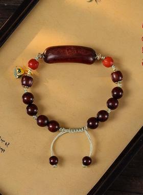 原创森系素雅文艺风檀木紫檀檀香念珠祥云古龙手牌编绳调节手链绳