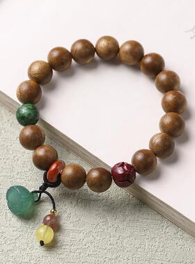 原创沉香木DIY手工编织念珠佛珠单圈手链碧玉莲蓬穗子女森系手链