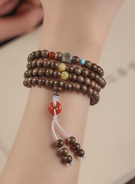 原创沉香原创设计复古手链本命生肖佛心咒6mm念珠佛珠多圈手串
