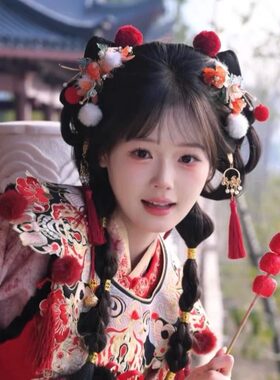小财神龙年新年头糖葫芦饰品新年套装汉服喜庆 红色古风头钗古装