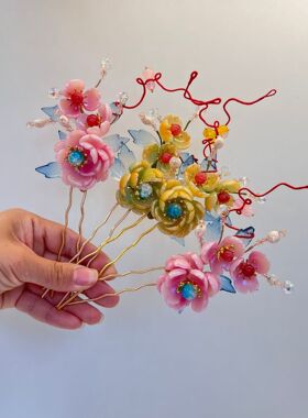 古风发饰发钗海棠桃花琉璃花神头饰汉服配饰甜美头饰清新仙子发簪