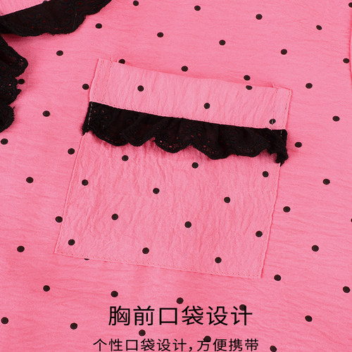 AN粉色波点短袖睡衣女夏季开叉蕾丝长裤开衫可外穿甜美棉感家居服 - 图1