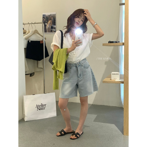 柠檬绿茶夏季洋气复古毛边水洗浅蓝宽松阔腿中裤牛仔短裤女HT-002 - 图1