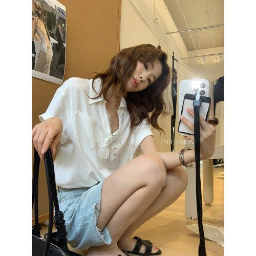 柠檬绿茶夏季洋气复古毛边水洗浅蓝宽松阔腿中裤牛仔短裤女HT-002 - 图3