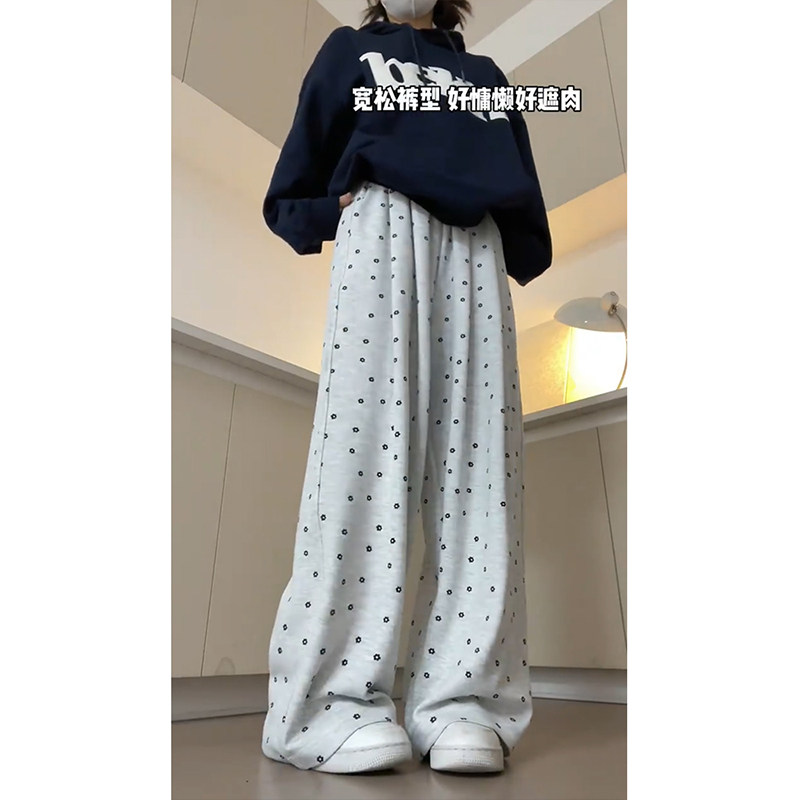 韩系白灰色碎花运动裤子女秋季大码胖mm高腰显瘦慵懒休闲阔腿卫裤,淘宝优惠券,粉丝福利购,淘宝优惠卷