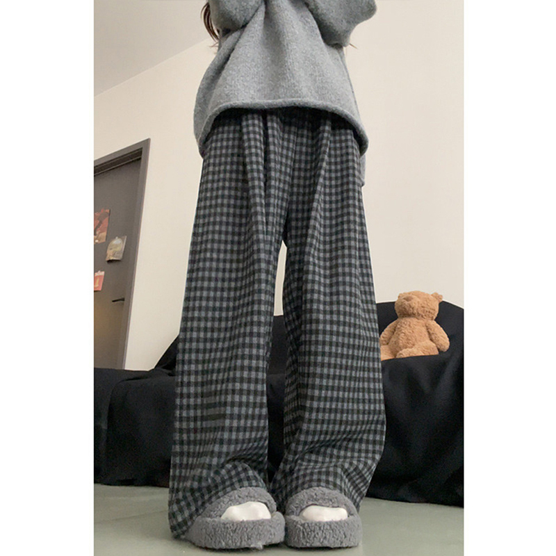 格雷系加绒黑灰色阔腿慵懒风格子裤子女秋冬季大码显瘦垂感休闲裤 - 图2