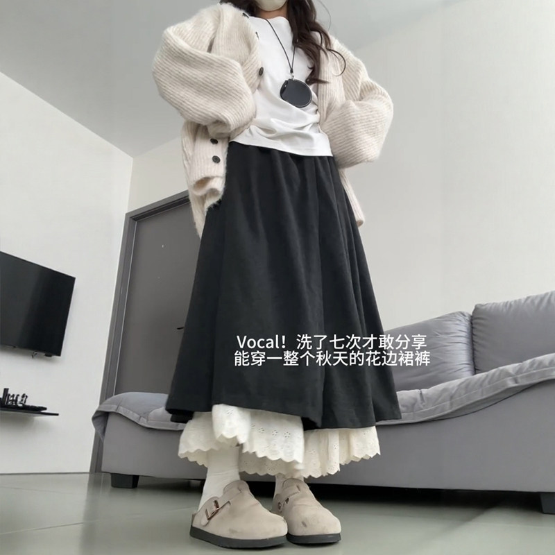 灰色糯米蕾丝花边拼接阔腿裙裤女冬季胖mm大码显瘦设计感a字裤裙,淘宝优惠券,粉丝福利购,淘宝优惠卷