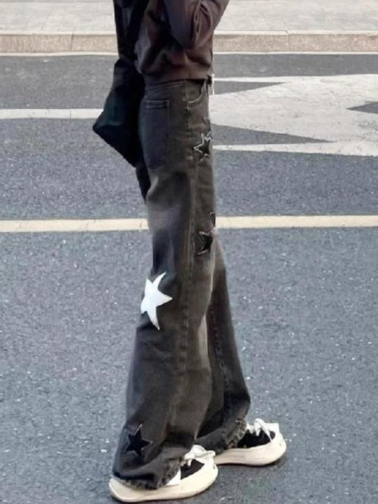 设计感星星直筒牛仔裤大码胖妹妹显瘦裤子粗腿屁股大美式阔腿长裤,淘宝优惠券,粉丝福利购,淘宝优惠卷
