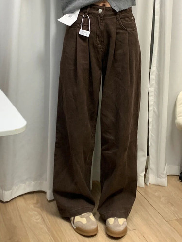 咖色直筒牛仔裤女秋季新款大码梨形身材宽松显瘦阔腿设计感裤子潮 - 图3