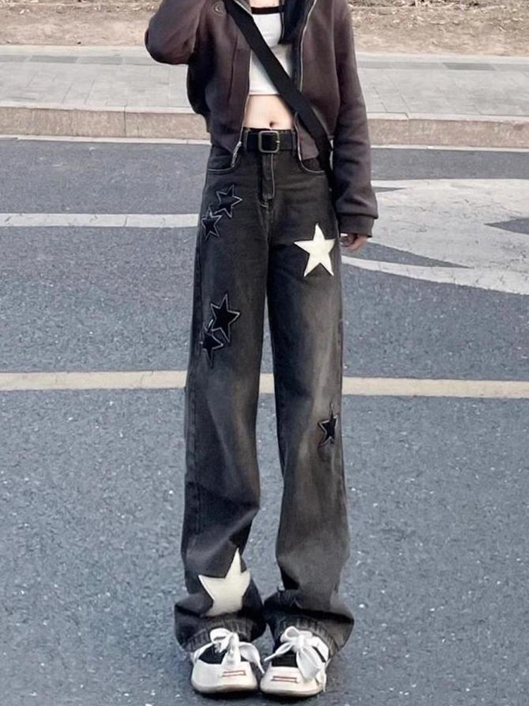 设计感星星直筒牛仔裤大码胖妹妹显瘦裤子粗腿屁股大美式阔腿长裤,淘宝优惠券,粉丝福利购,淘宝优惠卷