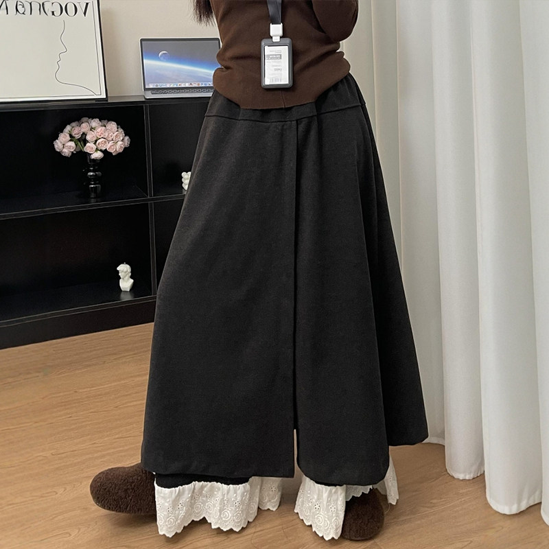 灰色蕾丝拼接花边阔腿裤子女款秋季大码胖mm显瘦a字糯米休闲裤裙,淘宝优惠券,粉丝福利购,淘宝优惠卷