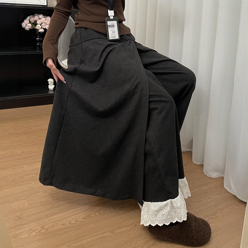 灰色蕾丝拼接花边阔腿裤子女款秋季大码胖mm显瘦a字糯米休闲裤裙,淘宝优惠券,粉丝福利购,淘宝优惠卷