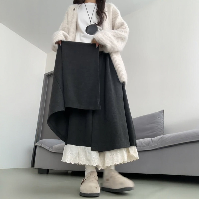 灰色糯米蕾丝花边拼接阔腿裙裤女冬季胖mm大码显瘦设计感a字裤裙,淘宝优惠券,粉丝福利购,淘宝优惠卷