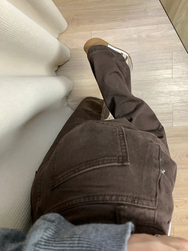 咖色直筒牛仔裤女秋季新款大码梨形身材宽松显瘦阔腿设计感裤子潮 - 图1
