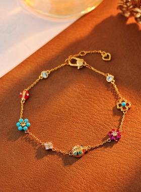 时尚欧美风小众设计甜美可爱镶嵌闪耀小钻花朵瓢虫项链锁骨链女