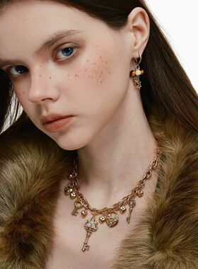 爱锁芯系列复古金色钥匙吊坠项链女清新甜美田园风合金无金华编织