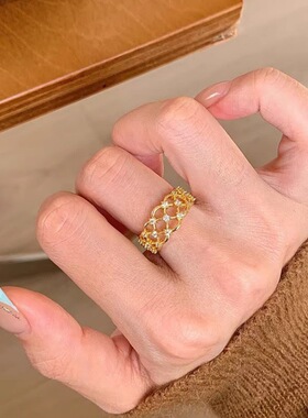 vintage法式轻奢镂空蕾丝满天星闪钻戒指女优雅高级感个性开口戒