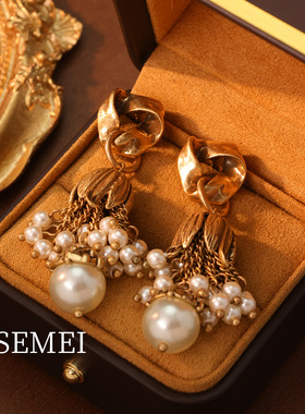 中古铜合金重工vintage项链耳饰琉璃珍珠高级感长款流苏耳坠