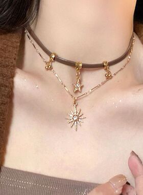 新款甜酷美拉德八芒星choker项链复古高级PU皮双层叠戴颈链锁骨链