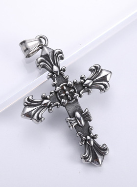 潮酷然 亚马逊新款复古十字架钛钢吊坠 十字花铸造项链不锈钢配饰
