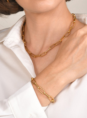 欧美跨境夸张粗链轻奢ins风个性扭纹设计感拼接复古项链手链套装