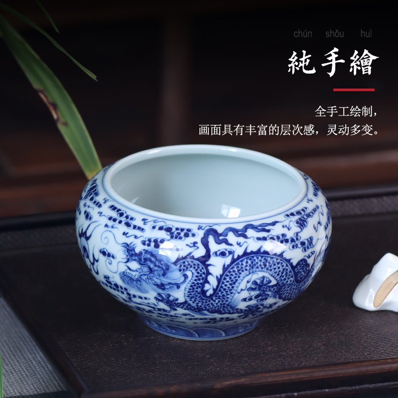 景德镇手绘青花祥云龙纹茶洗纯手工陶瓷建水倒茶渣桶水盂茶道配件-图1