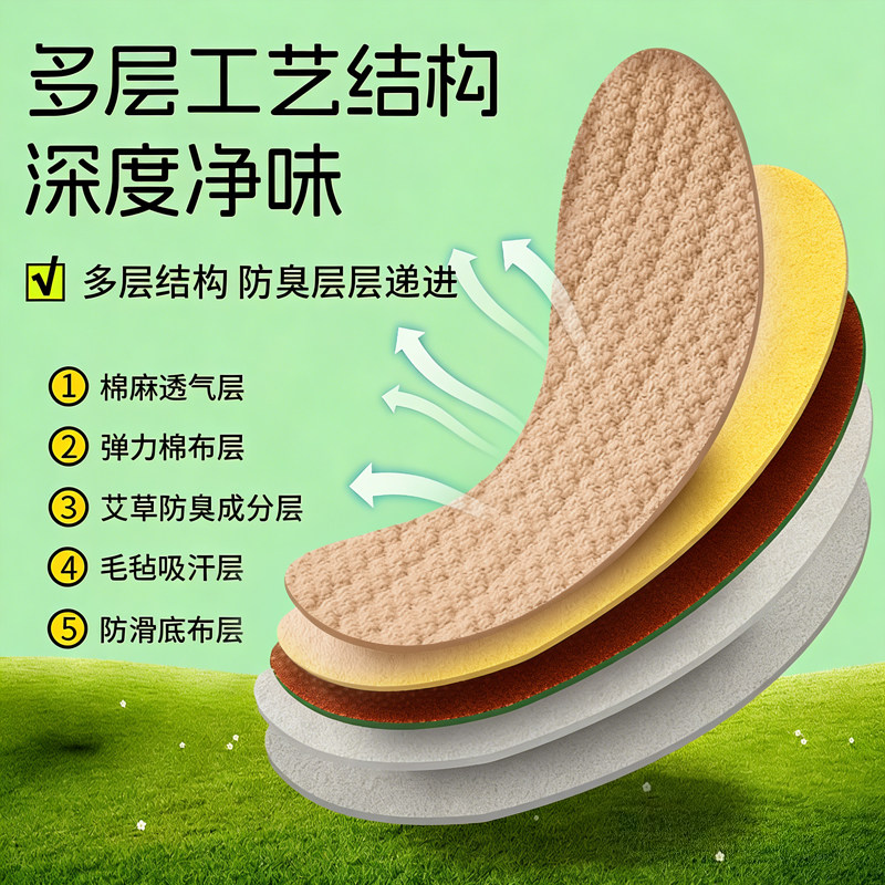 艾草棉麻防臭鞋垫男女士软底强吸汗透气除臭留香汗脚不粘脚夏天