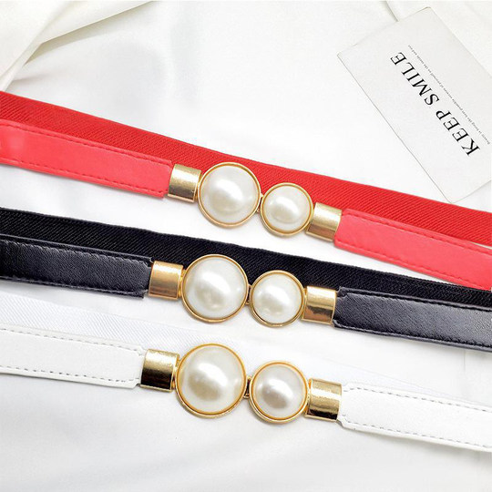 Pearl Belt Women's 2025 new high-end dress jeans waist-retracting artifact elastic elastic belt decoration