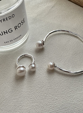 夏尼s925纯银韩版小众设计感肌理感珍珠戒指