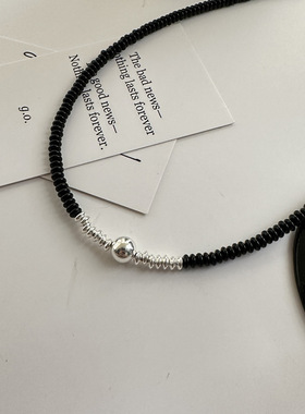 夏尼S925银黑玛瑙圆珠项链