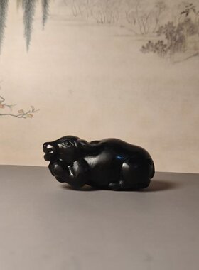 天然玉石摆件黑玉石雕刻十二生肖黑色卧牛水牛吉祥物客厅补角装饰