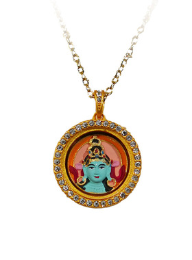 景区文创圆形唐卡项链黄铜镶钻手工上色五爷嘎乌盒擦擦小吊坠项链
