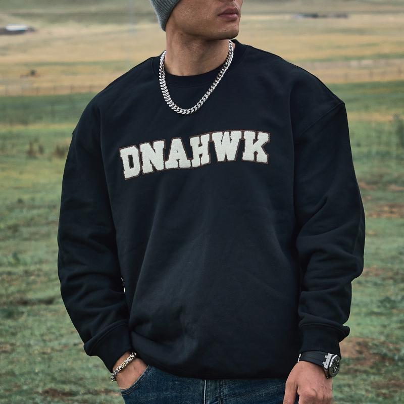 DNAHWK加绒加厚绣花保暖卫衣秋冬简约基础百搭字母毛巾绣套头上衣 - 图2