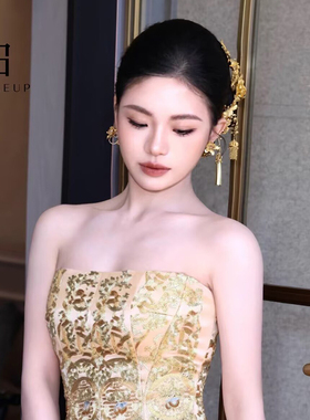 新娘头饰金色花朵流苏对夹秀禾龙凤褂百搭奢华精致发饰