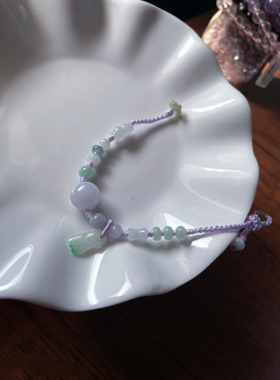 天然a货翡翠特色飘紫绿转好运圆珠一鸣惊人编织平安玉石手绳手链