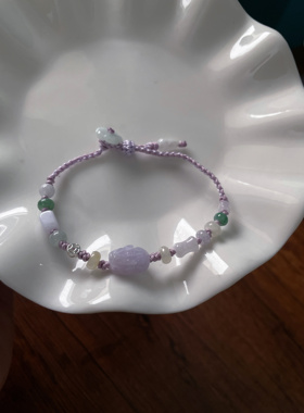 天然a货翡翠缅料招守财浅紫小貔貅葫芦有钱币小花编绳细手绳手链