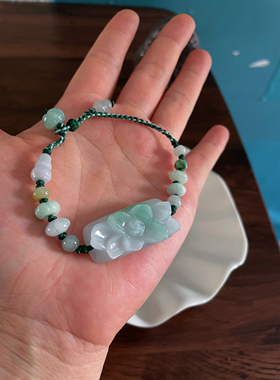 天然a货翡翠浅飘绿细腻厚立体花手牌福禄葫芦编绳好运平安手绳链
