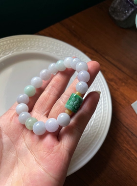 天然a货翡翠缅料干青飘绿黑花桶袖浅色卡10 11+圆珠手串手链