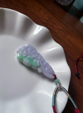 特色天然a货翡翠浅紫飘绿灵芝如意大吊坠毛衣链吊坠手把件车挂坠