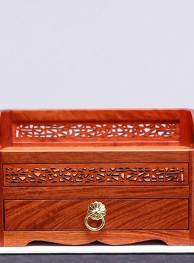 品名：单抽镂空茶盒 材质：缅甸花梨 尺寸：27.5*25*11.5cm