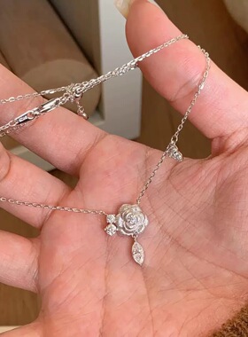 法式复古中世纪立体拉丝玫瑰轻奢山茶花项链镶钻饰品女