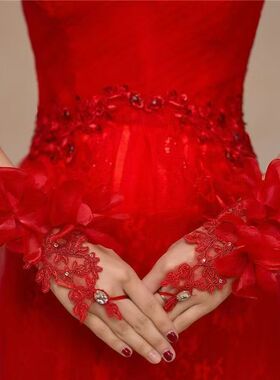 新娘婚纱礼服结婚手套红色花朵乳白露指大码系带仙女简约短款拍照