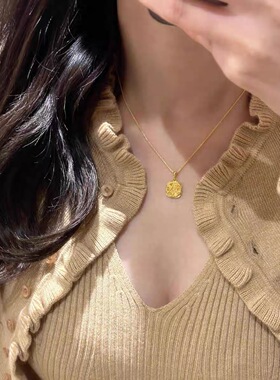 轻奢复古小方糖项链仿真5G工艺黄金拉丝镂空沙金项链女锁骨链
