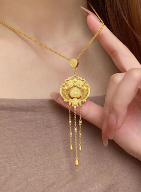 古法沙金双鱼戏莲花吊坠项链女款轻奢高级感