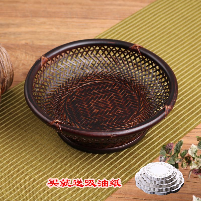 竹编果盘果篮大漆高脚篮小果盆精编漆器手工竹制品复古点心托盘 - 图1