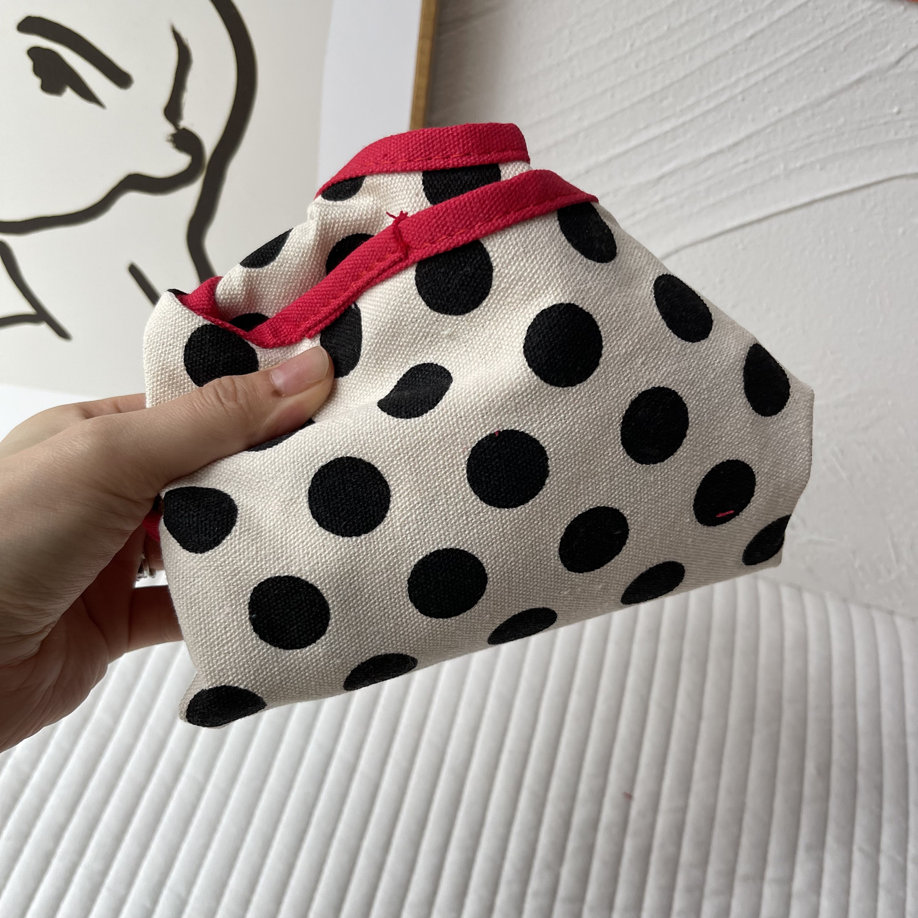 ins日系风休闲拼接撞色百搭时尚波点单肩手提帆布包饭盒袋 - 图1